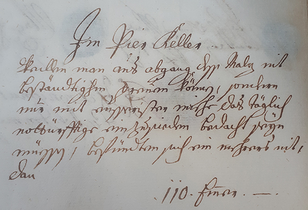 Inventar des Bierkellers beim Amtsantritt von Abt Theobald II. Reitwinkler 1745 in:                                  Bayerisches Hauptstaatsarchiv München, Kloster Aldersbach, Amtsbücher und Akten 80. Foto: Robert Klugseder