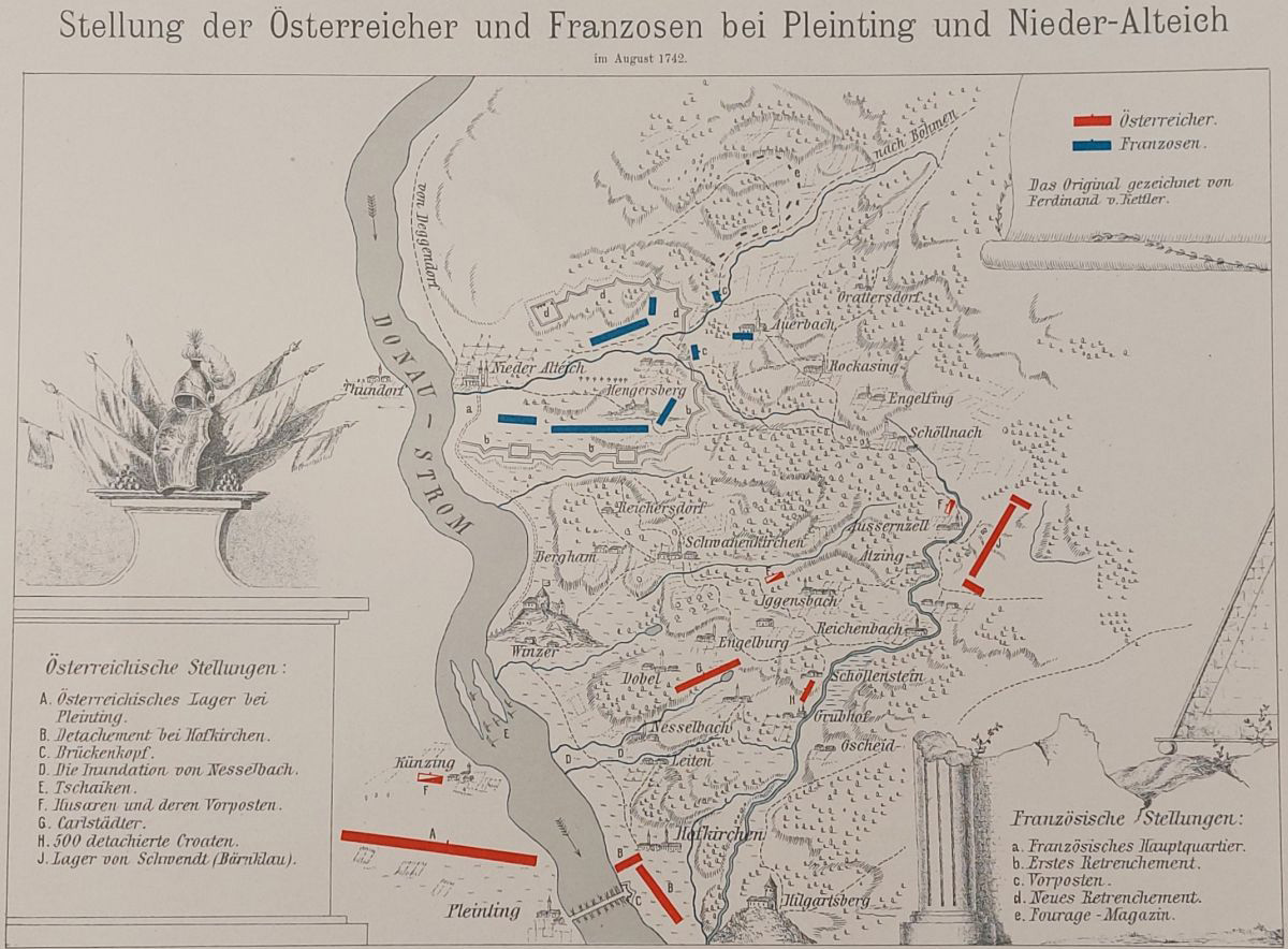 Stellung der Österreicher und Franzosen bei Pleinting und Niederalteich August 1742