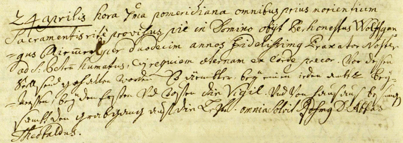 Sterbenotiz über den Brauer Wolfgang Riemmerl im Aldersbacher Totenbuch vom 24.04.1747